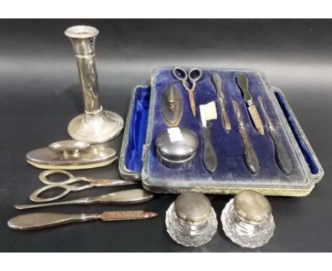 Silver manicure implements including a cased part set; together with a pair of cut glass silver lidded toilet jars and a load