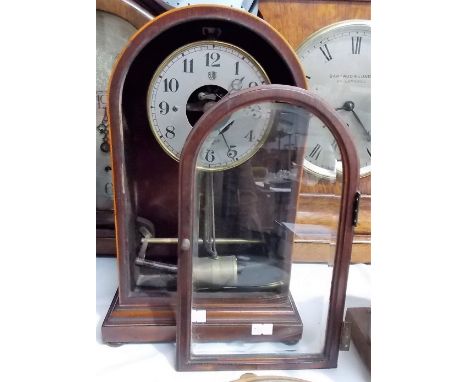 Bulle electric mantel clock within arched inlaid mahogany case and with glazed door, the silvered dial centre with visible mo