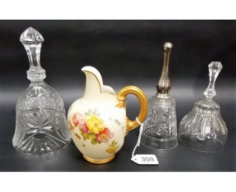 Royal Worcester blush ivory cream jug, pattern No. 1094, foliate decorated, height 5.25'; together with three glass hand bell