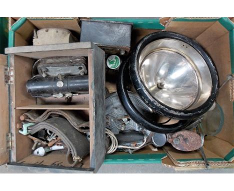 Box of vintage automobil vehicle parts inc. a headlamp, lead lights etc