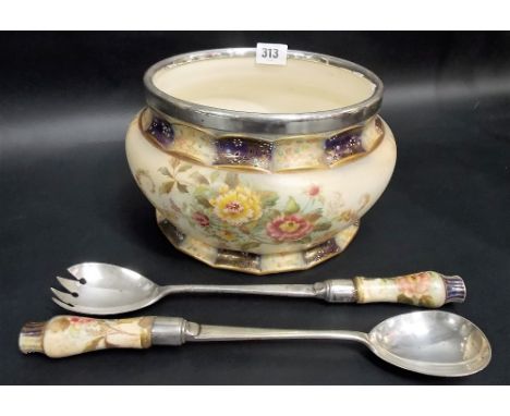 Carlton ware W & R Stoke on Trent 'Peony' pattern salad bowl with serving spoon and fork, diameter 9.5'.