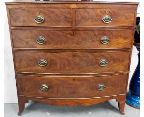 19th Century mahogany veneered bow front chest of two short over three long drawers raised on outswept feet, width 41.5'.