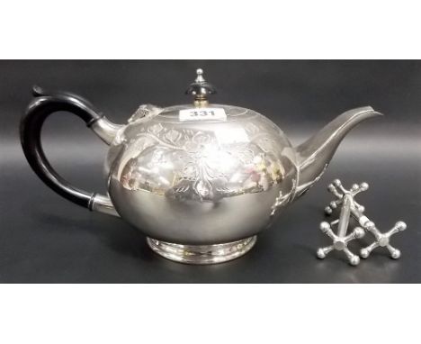 Silver plated ovoid teapot; together with a pair of silver plated knife rests