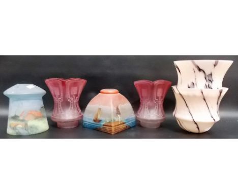 Pair of cranberry blush etched glass light shades, etched with a secessionist design; together with 4 other glass light shade