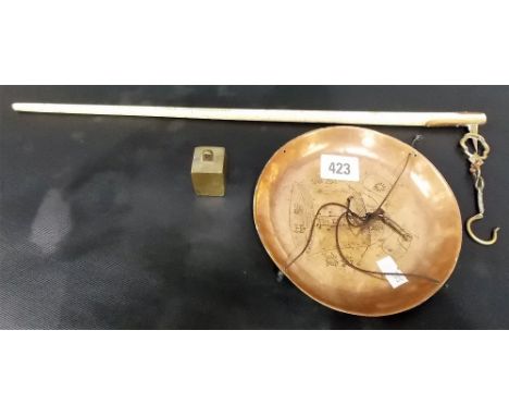 Antique Chinese whale bone opium scales with suspended copper circular tray with character writing and with a brass cube weig