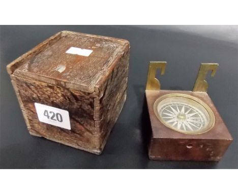 18th/19th Century small compass, the printed paper dial within a square stained boxwood case with lacquered brass suspension 