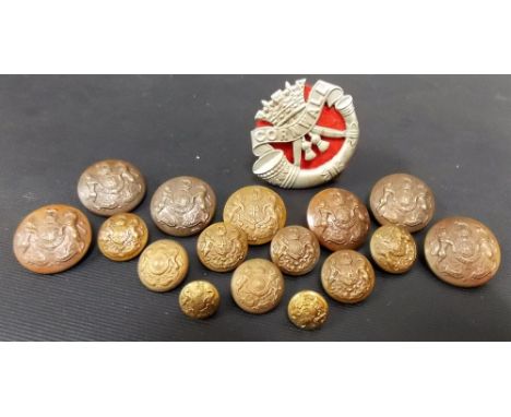 Collection of military buttons together with a Cornwall Light Infantry badge.