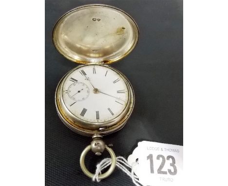 Victorian silver full hunter pocket watch, the white enamel dial with Roman numerals and subsidiary seconds dial, the lever m