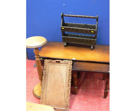 Long John nest of three tables, rustic magazine rack, a carved tray and a turned column planter stand