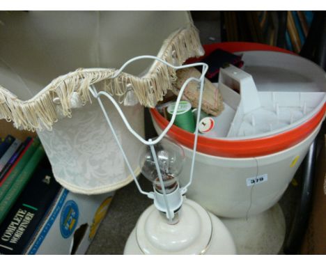 Retro plastic sewing box and contents and a modern table lamp with shade