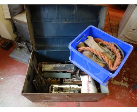 Vintage metal trunk containing quantity of electrical hand tools etc and a blue tub of webbing and rope E/T
