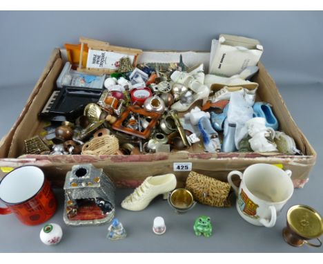 Large box of various collectables, doll's house metalware, china figurines, W H Goss tyg etc