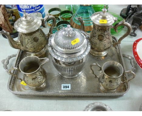 Two handled gallery tray, an EPBM biscuit barrel and a modern four piece EPNS teaset