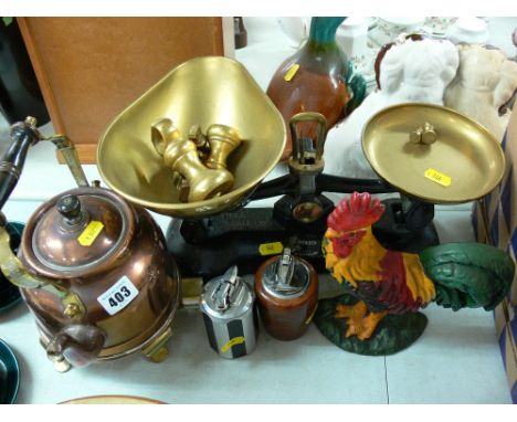 Set of Librasco cast iron and brass vintage type kitchen scales, a copper and brass kettle, two vintage table lighters etc