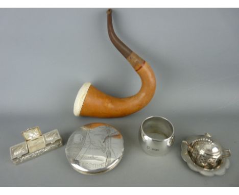 Meerschaum Sherlock Holmes style pipe, a Continental silver compact, a heavy hallmarked silver napkin ring, a white metal tea