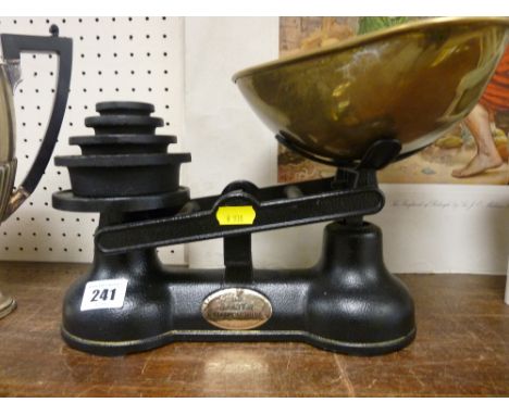 Vintage style set of Salters scales with graduated weights and brass tray