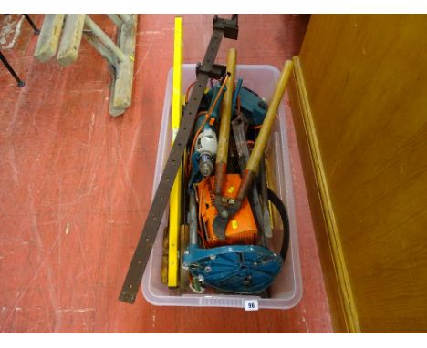 Plastic tub of various Black &amp; Decker power hand tools, drill stand, spirit levels, sash clamp etc E/T