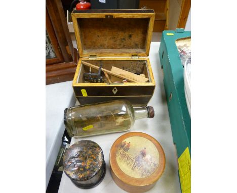 Tea caddy, vintage ship in bottle and treen boxes etc