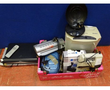 Box of small electrics including portable CD, paper shredder, calculator, Sky Plus HD box, DVD player etc E/T