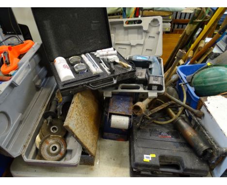 Large metal wheel brace, Makita circular saw, bench top Charnwood W407 disc and belt sander, cased AWF specialist maintenance