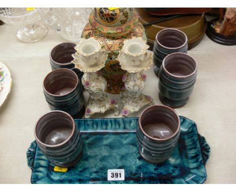 Six stoneware beakers, pottery tray, pair of Capodimonte style candlesticks etc