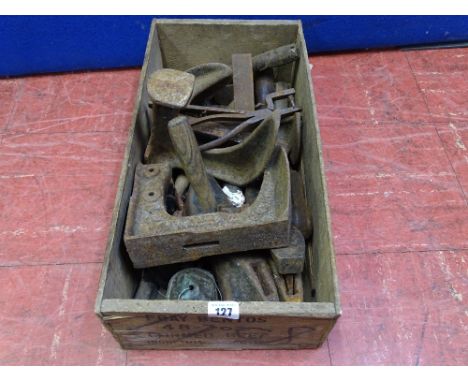 Vintage wooden Fray Bentos Corned Beef box with a quantity of cobbler's tools