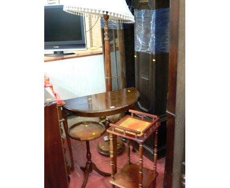 Mahogany standard lamp and shade, half moon hall table, two tier galleried square whatnot and a leather topped tripod wine ta