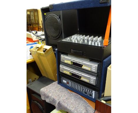 Semi professional karaoke equipment including performer's choice CD set with a KAM KDJ 400 power amplifier, speakers, stands 