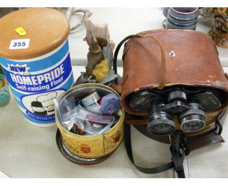 Set of folding vintage kitchen scales, a pair of Excelsoir field glasses 8 x - 12 x 40, a Homepride Flour storage jar, a tin 