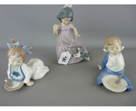 Nao porcelain of a young girl with puppy and two children with breakfast bowls