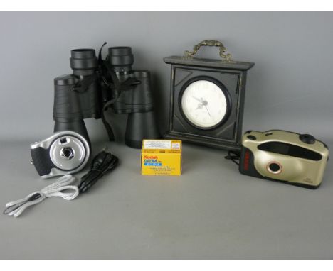 Pair of Viking 10x50 binoculars, a boxed digital camera and one other and a reproduction Quartz mantel clock