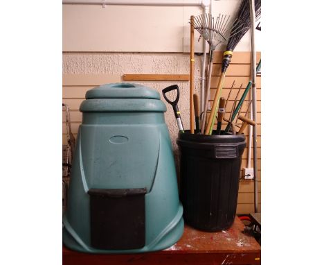 Parcel of long handled garden tools and a compost bin