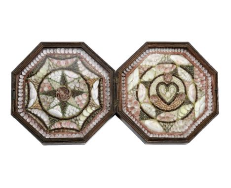 A Shell-Work Double Sailor's Valentine, Barbados, mid-19th century,the hinged octagonal mahogany cases mounted with pink, whi