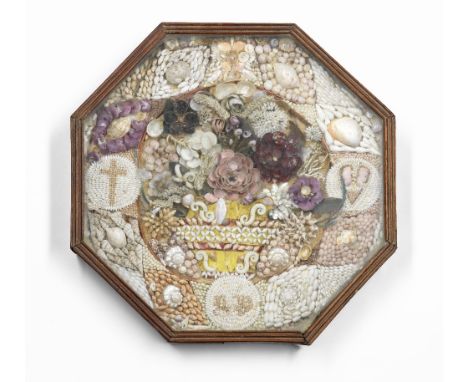 A Shell-Work Sailor's Valentine, 'Vase of Flowers', Barbados, 19th century,the single octagonal mahogany case mounted with wh