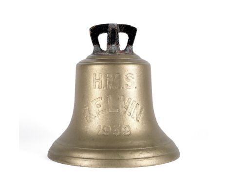 A Ship's Bell From The K-Class Destroyer HMS Kelvin, English, circa 1939,the brass bell with iron clapper and knotwork lanyar