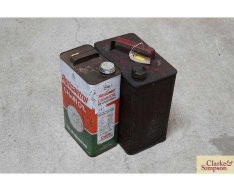 A vintage 2 gallon petrol can with brass cap, and an Agricastrol chain oil can