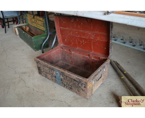 A metalware and wooden bound military tin trunk