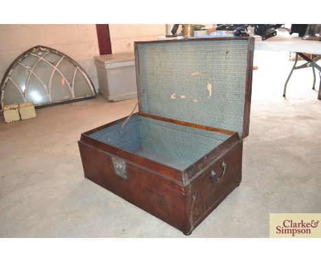 A Chinese vintage leather mounted trunk, fitted vintage iron hasp and side carrying handles 