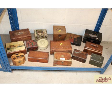 A collection of 15 various small boxes to include cigarette boxes, tea caddy, marquetry boxes etc. 