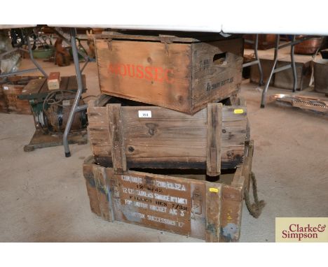 Two vintage wooden ammunition crates and a wine box 