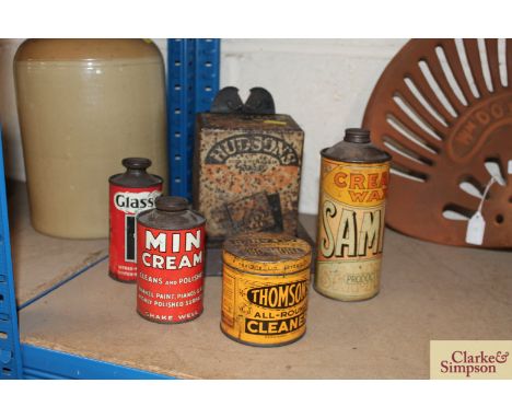 An unusual Hudsons Soap string tin and four various vintage cleaning product tins