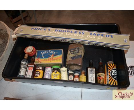 A tray containing various vintage chemist stock including "Burdall's Cough Balsam", "Liquid Paraffin", "Liniment Oils", "Mell