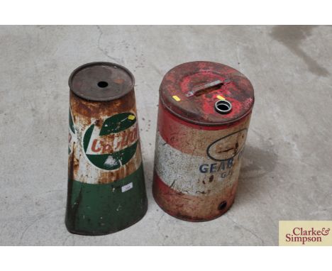 An Esso Gear Oil can, and a Castrol can of cone shape