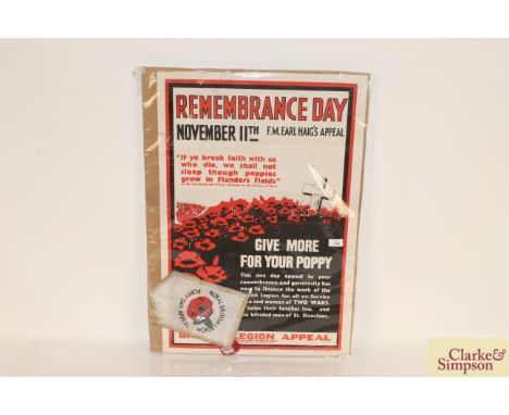 A 1940's Remembrance Day lithograph poster by Morris Kirth, 30" x 20" approx. and a 1960's Royal British Legion Poppy Day App