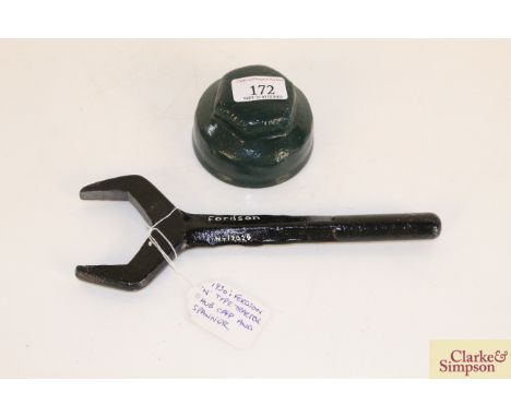 A 1930 Fordson N type tractor hub cap and spanner