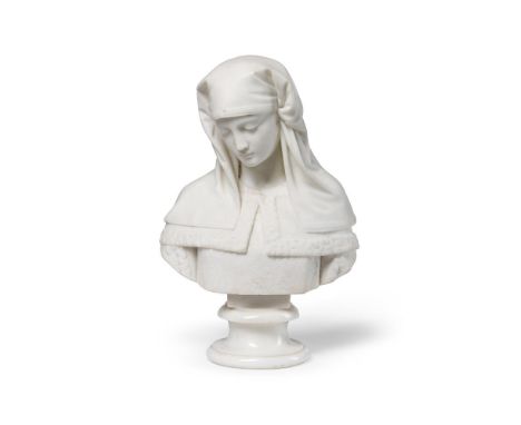 E FERRARINI ITALIAN (19TH CENTURY), A CARVED WHITE MARBLE BUST OF A YOUNG WOMAN   DATED 1887 Set on polished socle, signed to