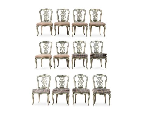A SET OF TWELVE ITALIAN CREAM AND GREEN PAINTED CHAIRS  EIGHT CHAIRS SECOND HALF 18TH CENTURY, FOUR CHAIRS LATER TO MATCH Six
