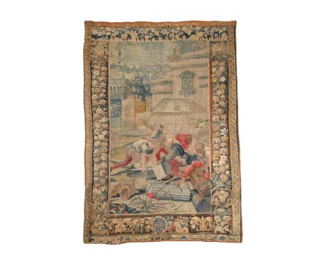 A FLEMISH TAPESTRY FRAGMENT  LATE 17TH CENTURY  Depicting stonemasons at work, buildings under construction beyond, border wi