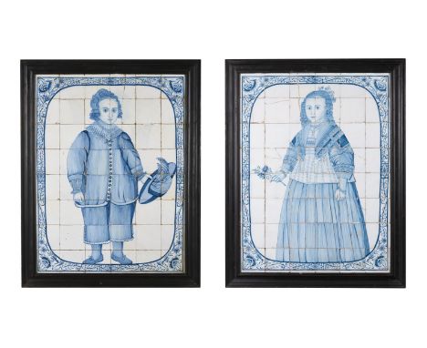 A PAIR OF DUTCH DELFT BLUE AND WHITE FRAMED TILE PANELS  19TH CENTURY  The first depicting a boy standing full length in 17th