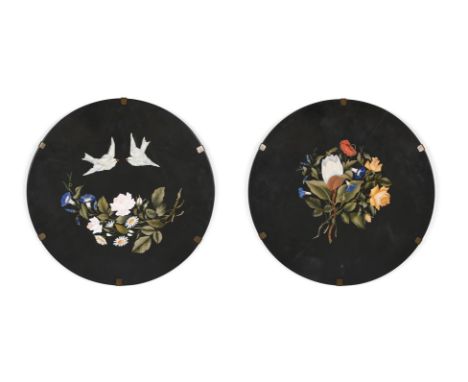 A PAIR OF FLORENTINE PIETRA DURA CIRCULAR PANELS  LATE 19TH CENTURY  Each with specimen hardstone and lapis inlay of floral s